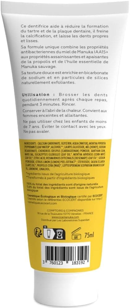 CicaManuka - Dentifrice blancheur au miel de Manuka IAA15+ Maintient l'éclat des dents Certifié Bio 75ml