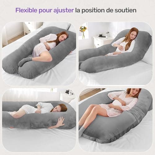 Nuliie Coussin de Grossesse pour Dormir, Oreiller de Corps Complet en Forme de U, Soutien pour Le Dos, Les Hanches et Les Jambes des Femmes Enceintes, avec Une Housse en Velours Lavable (Gris)