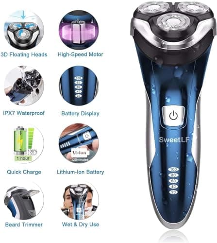 SweetLF [2024 New] Rasoir Electrique Homme Rechargeable avec Tondeuse Barbe IPX7 Etanche Technologie Wet&Dry avec 4D Têtes Rotatives et Ecran LED-SWS7105(Bleu)