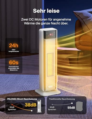 PELONIS Chauffage d'appoint 2000W, Chauffage électrique avec télécommande et thermostat, 75° Oscillation & Minuterie 24 heures, Silencieux PTC Radiateur Électrique basse consommation