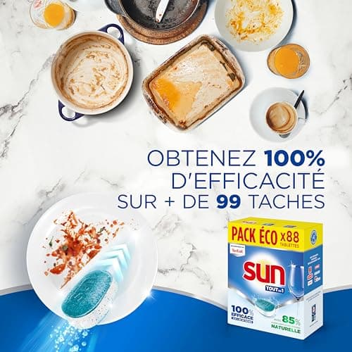 SUN - pastilles lave-vaisselle Tout en 1 Regular - 88 tablettes - avec 85% d'ingrédients d'origine naturelle - 100% efficace sur + de 99 taches - Fabriqué en France