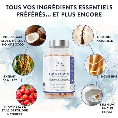 Biotine Cheveux 10000μg Complement Alimentaire Cheveux Biotin Vitamine B8 Zinc Selenium Huile de Coco MCT Vitamine C Acide Folique Vitamine B6 LCystéine Pousse Cheveux Biotine 10000 mcg -180 Gélules