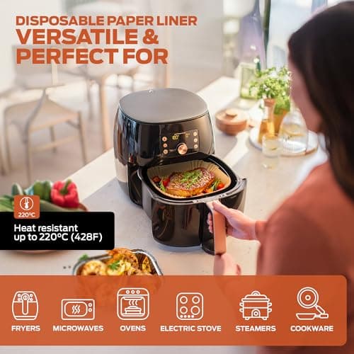 PORTENTUM Papier cuisson air fryer - 100 pièces Food-Grade BPA gratuit, 16 x 20 cm, pour friteuse sans huile 3 à 4,5 litres - Idéal pour la cuisson saine