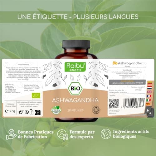 Ashwagandha BIO - 270 Gélules - Extra Fort : 2400 mg/jour - Ashwagandha Biologique Certifiée (Ginseng Indien/Withania Somnifera) - Sans Additifs, Végétalien - Pour votre Bien-être - Raibu