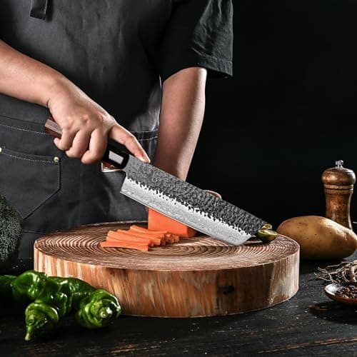 oFuun Couteau Japonais Damas, 18cm Couteau de Nakiri Professionnel, Couteau Cuisine en Acier à Haute Teneur en Carbone VG10, Manche en Bois de Rose et Coffret Cadeau