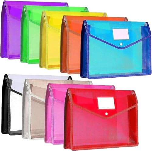 9 Pièces A4 Classeur en Plastique, Pochette Plastique Pochette Document Plastique A4 Enveloppe Transparente Chemise à Bouton Pression pour Fournitures Bureaux Voyage