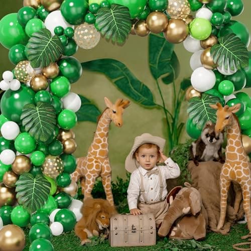 Kitchown 140 Pièces Jungle Forêt Ballons Vert Guirlande Tropical Jungle Decoration Palmier Confettis Latex Ballons Anniversaire Baby Shower Garçons Fille Safari Eté Hawaiian Party