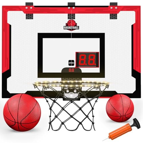 HYES 24" x 16" Panier de Basket Interieur pour Enfants, Panier de Basket avec Scoreboard et éclairage, Panier Basket Chambre avec 2 Ballons, Pompes, Jouet de Sport pour extérieur, Rouge