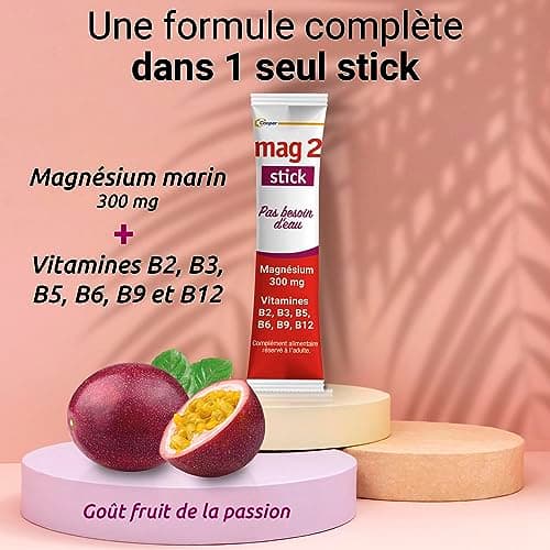 MAG 2 - Stick - Magnésium et 6 vitamines B - Nervosité, Fatigue, Fatigue musculaire - Programme 30 jours - 30 sticks orodispersible goût fruit de la passion