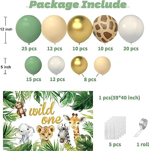 Kit Arche Ballon avec toile de fond, Decoration Anniversaire 1 an, Jungle Decoration Anniversaire Fille Garcon, kit anniversaire Garcon pour Jungle Safari Anniversaire jungle