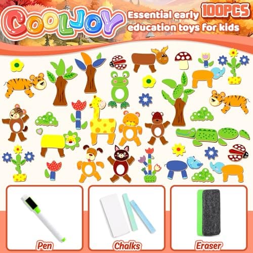 COOLJOY Puzzles en Bois Magnétique, 100+ Pièces Motif Animal Jigsaw avec Tableau Noir de Chevalet à Double Face Jouets Educatif pour Bambin Enfants Fille 3+ Ans