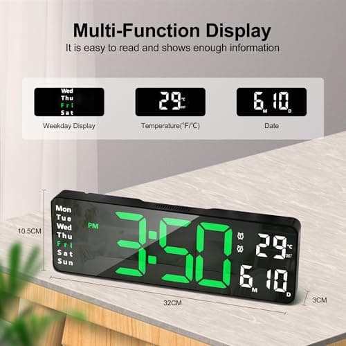 Lafocuse Horloge Murale Numérique LED, Grande Affichage 32cm avec Télécommande, Température, Date, Jour, 2 Alarmes, 12/24H, Luminosité Réglable Pendule Murale pour Salon Cuisine Bureau, Vert
