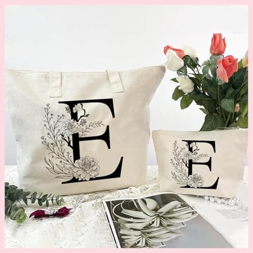 Sac Fourre-Tout en Toile avec Initiale Fleur, Personnalisés Sac Tote bag en Toile Coton Trousse de Maquillage, Idéal pour Mariage Anniversaire Noël, Cadeau pour Femmes Amis Maman Sœurs T