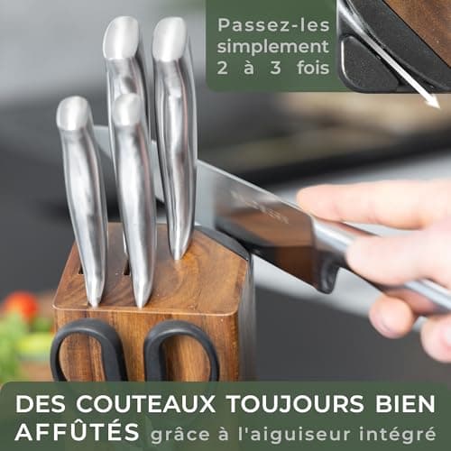WALDWERK Couteau Cuisine - 7 Couteaux de Cuisine avec Bloc de Rangement et Aiguiseur Intégré - Bloc Couteaux Cuisine - Set Couteaux de Cuisine avec Support - Couteaux et Ustensiles de Cuisine