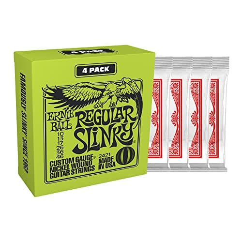 Ernie Ball Regular Slinky Exclusivité Amazon Pack de 4 jeux de cordes filées en nickel pour guitare électrique, calibre 10-46