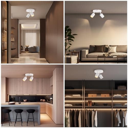 wowatt Spots de Plafond Orientable Blanc, Plafonnier 2 Spots GU10 Moderne, Rampe Spots et Rails de Spots Pivotant, Applique Murale Interieur Rond pour Cuisine Salon Chambre (Sans Ampoule)