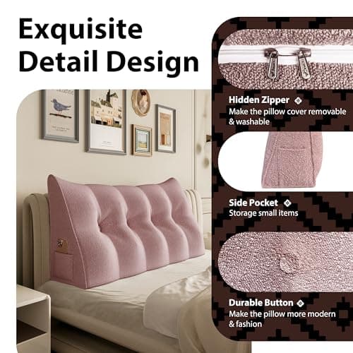 Johnear Coussin cale de lecture pour lit et canapé, rose, 60 cm, grand coussin lombaire triangulaire