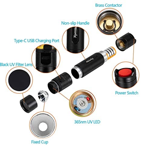 Alonefire SV005 10W 365nm Lampe Torche UV LED Puissante Rechargeable Ultraviolet Détecteur D'urine avec Lunettes de Protection UV, Batterie Incluse pour Durcissement de Résine, Peinture, Fluoresceine
