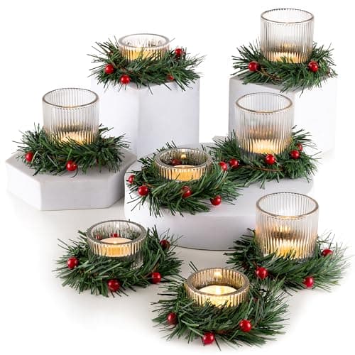 Glasseam Porte-Bougies à RéChaud avec Anneaux De Bougie Couronnes : Supports De Bougie Votive NervuréS, Lot De 8, Mini Support De Bougie en Verre avec Couronne d'halloween, Support De Bougie De NoëL