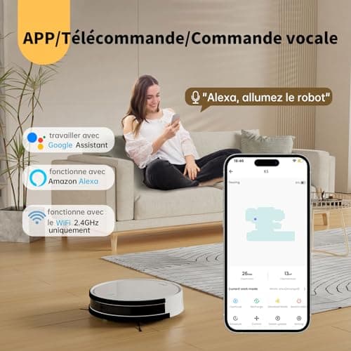 OKP Aspirateur Robot, Robot Aspirateur Laveur 3 en 1, Mince Silencieux Connecté WiFi/Bluetooth/Alexa/App, Auto-Charge, 120min d'Autonomie, Idéal pour Poils d'animaux Sols Tapis, K5 avec Télécommande