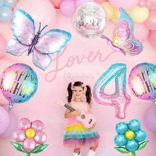 Ballons Anniversaire Fille, 7 Pièces Ballon Aluminium Féerique Ballon Papillon Ballon Fleur, pour Anniversaires de Filles, Baby Shower, Photographie, Articles de Fête (4 Ans)