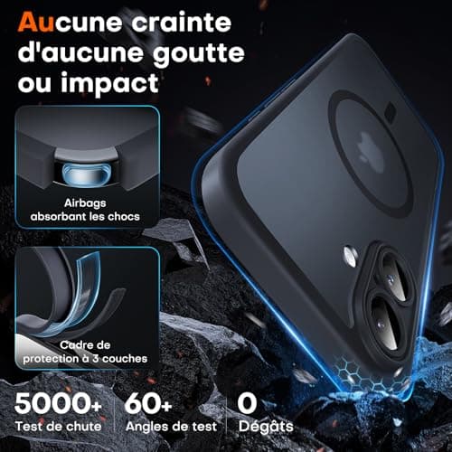 TOCOL Coque Magnétique pour iPhone 16 6,1 Pouces, Compatible avec MagSafe, Protection de l'objectif améliorée, Coque Mat Translucide Fine Antichoc, Noir