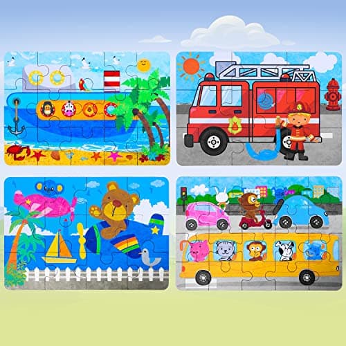 BBLIKE Boîte de 4 Puzzles en Bois pour Enfants, avec différents degrés de difficulté, Outil d'apprentissage éducatif - Meilleur Cadeau d'anniversaire pour garçons et Filles (série de Transport)