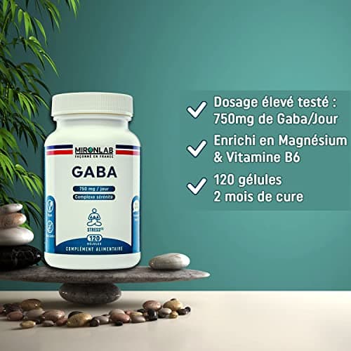 GABA Pur 750mg | Anti stress adulte enrichie en Magnésium & Vitamine B6 | 120 gélules – 2 mois | Favorise Sommeil, Sérénité et Détente | Laboratoire Français MIRONLAB