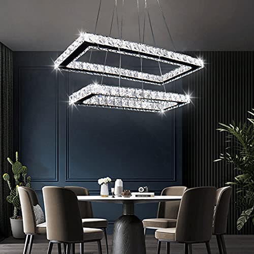 Lustre moderne en cristal rectangulaire à 2 anneaux en acier inoxydable pour salle à manger, salon, chambre à coucher (blanc froid)