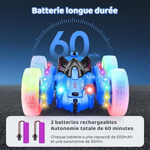 SGILE Voiture Télécommandée, Voiture Cascadeuse avec Bandes Lumineuses Latérales et Phares, 2.4Ghz, Rotations à 360°, Voiture RC Rechargeable Jouet pour Garçons Filles Cadeau d'anniversaire, Bleue