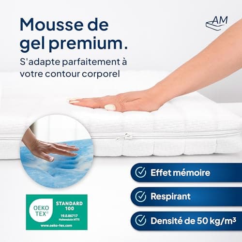 AM Qualitätsmatratzen - Surmatelas 160 x 200 en Mousse Gel - Surmatelas Souple et Adaptable - Housse de surmatelas Amovible et Lavable - Surmatelas memoire de Forme 160x200 6 cm - Haute qualité