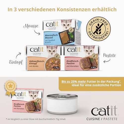 Catit Cuisine Pâtée pour Chats, Pâté à la Viande de Dinde avec du Poulet et du Jambon, Aliment Complet, 95 g, sans Céréales, Haute Teneur en Viande
