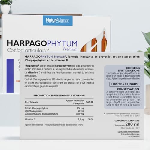 Laboratoire NaturAvignon Harpagophytum Ampoules | Confort articulaire | Efficacité prouvée | Equivalent 3000mg de racine d'harpagophytum + Vitamine D3 | Arôme naturel | 20 ampoules (20 jours)