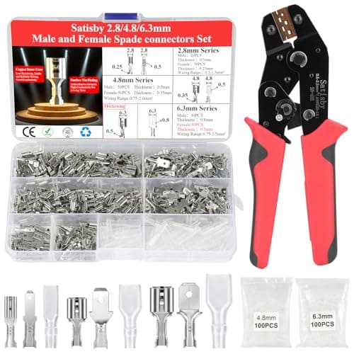 Satisby Cosses Plates à Sertir, Cosses 2,8 mm 4,8 mm 6,3 mm, Mâle & Femelle, Hautement Conducteur, Résistant à L'oxydation,avec Outil de Sertissage Spécial, Isolant Sleeve