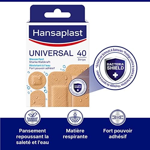 HANSAPLAST UNIVERSAL 40 pansements, Pansements résistant à l’eau et à la poussière, Pansements stériles prédécoupés pour toute la famille