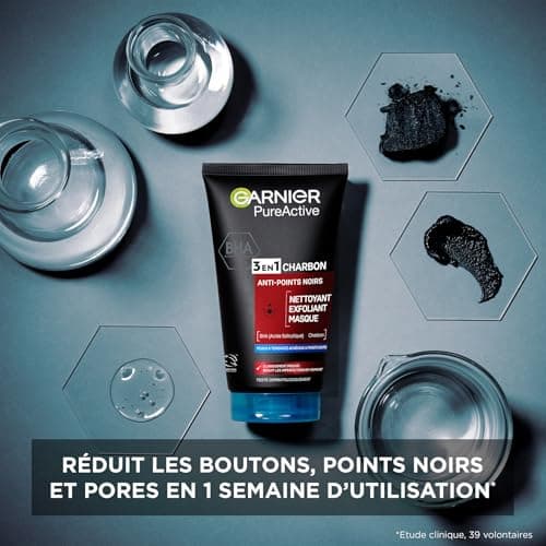 Garnier Pure Active - Nettoyant 3 En 1 - Nettoyant, Exfoliant, Masque - Réduit Les Points Noirs & Prévient Leur Apparition - BHA & Charbon - Vegan & Cruelty Free - Peau Mixtes à Grasses - 150 ml