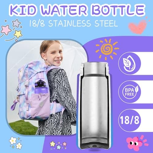 Grsta Gourde Isotherme, 500ml Gourde Enfant, Gourde Inox avec Paille, Gourde Metal Sans BPA, Facile à Nettoyer, Gourde Reutilisable Anti-Fuite, Bouteille d'eau pour Running, École, Bureau, Foot