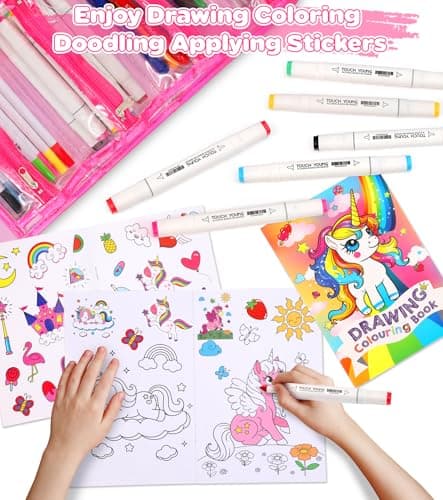 Ophy Feutres Coloriage Enfants - Set d'art pour Enfants avec Autocollants en Diamant Feutre Enfant Ensemble de Marqueurs Double Marqueur Livre de Coloriage Crayons Coloriage Enfant Cadeau Fille