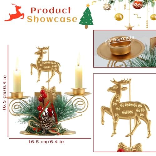 SilverChry Bougeoirs de Noël Bougeoirs Candélabres en Métal Chandelier avec Elk Arbre de Noël, Pommes de Pin et Baies Rouges, Décoration Centre de Table Fête Noël pour Maison,Cheminée,dîner,Avent (ML)