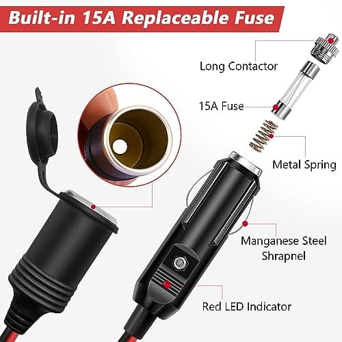 Hoembpn 2M Rallonge Prise Allume-Cigare de Voiture étanche avec ON/OFF Interrupteur et Fusible 15A,12V/24V Adaptateur Allume-Cigare Câble D'extension 17AWG pour Moto,Bateau,Voiture,Camion