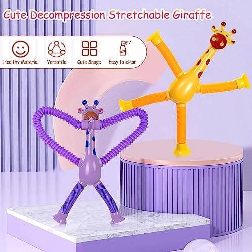 4 Pièces Jouet Girafe Télescopique avec Ventouse, Jouet de Girafe à Ventouse Télescopique pour Enfants Girafe Pop Tube Jouet, Jouet Educatif Amusant de Soulagement du Stress