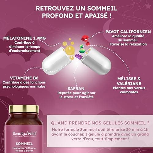 Sommeil, 1.9mg de Mélatonine pour mieux Dormir | FORMAT 4 MOIS - Calme l'esprit & le Corps, Valériane, Mélisse, Safran, Vitamine B6 | Sans accoutumance, 120 gélules, Made in France - Beauty&Wild