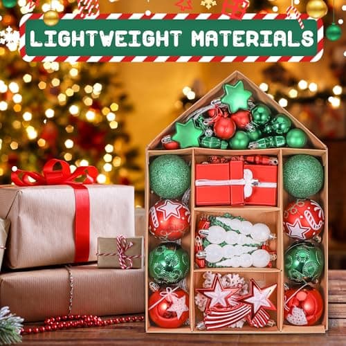 Hejo 70 Pièces Boule de Noel, Réutilisable Decoration Noel Sapin, Rouge Vert & Blanc Ornement Sapin de Noel, Kit Decoration Sapin Noel pour Arbre de Noël, Maison, Décoration de Maison(3cm-11cm)