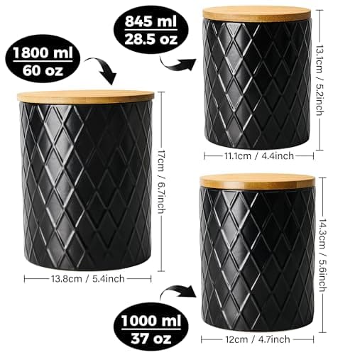 MIAMIO - Set de 3 boîtes de conserve pour le comptoir de cuisine, boîte de conserve en céramique avec couvercle en bois hermétique - parfait pour le café, le thé, le sucre, la farine, le thé (Noir)