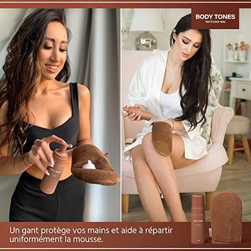 Body Tones mousse autobronzante, autobronzant pour peaux foncées hydratant et anti-âge, mousse autobronzante bronzage naturel sans exposition au soleil (155 + Gant, Peau foncée)
