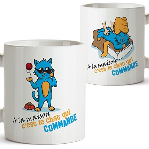 Mug - A la Maison C'est Le Chat Qui Commande - Tasse pour Le Petit-déjeuner Originale et Amusante avec Un Message Rigolo. Cadeau pour amies ou à Offrir a la Famille.350 ML Céramique