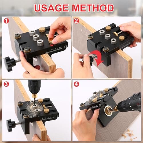 Gabarit de perçage 6/8/10/15mm Kit de gabarit de goujon à centrage automatique pour le travail du bois Trous de cheville exacts,avec clip de positionnement Guide de perçage réglable Localisateur