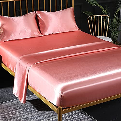 Ensemble 4 Pièces de Draps de Lit en Satin Couleur Unie 1 x Drap Housse 180x200 cm 2 Personnes avec Grand Bonnet de 35 cm, 1 x Drap Plat et 2 x Taie d'oreiller, Corail