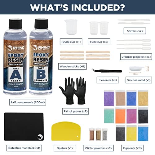RHINO Smart Solutions Résine Epoxy Transparente - Kit Complet pour Commencer Resine Liquide Epoxide + Durcisseur (1:1) Verre Effet Accessoires, Pigments | Artisanat, Bijoux, Bricolage, Revêtement