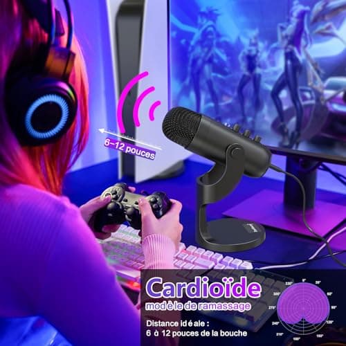 zealsound USB Microphone à Condensateur, Micro Gaming pour PC Phone Ordinateur Portable et PS4&5, avec Muet/Écho/Réduction du Bruit, pour Streaming, Enregistrement,Vocal,Podcast,Twitch, ASMR,K66 Noir